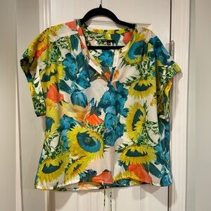 Chaus Sunflower Print V Neck Short Sleeve Drawstring Waist Blouse Size L